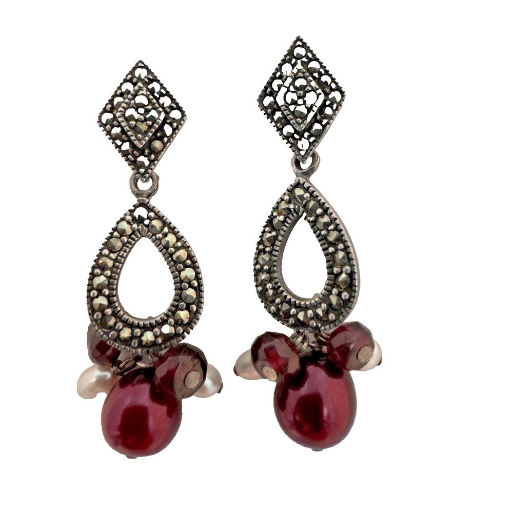 Womens Vintage Estate Sterling Silver & Faux Pearl Earrings Christmas Party Gift